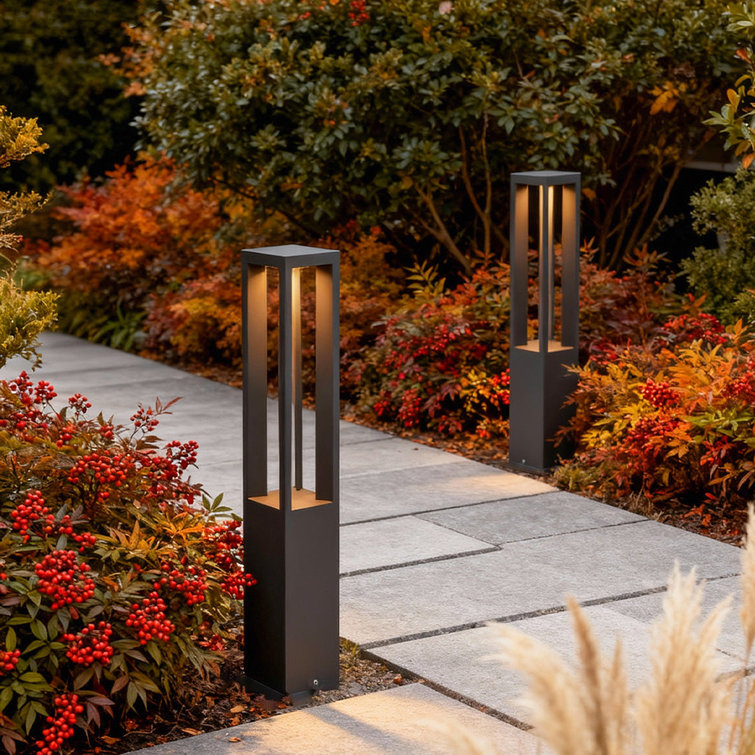 black aluminum four beam LED bollard garden light for modern driveway