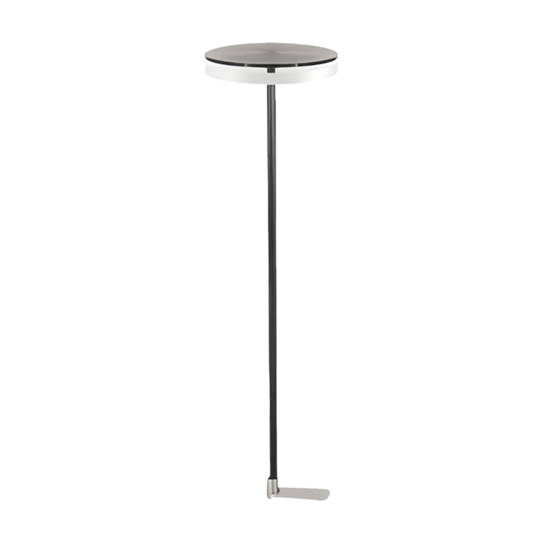 Tall slender LED path light with circular canopy for sleek outdoor lighting path illumination.