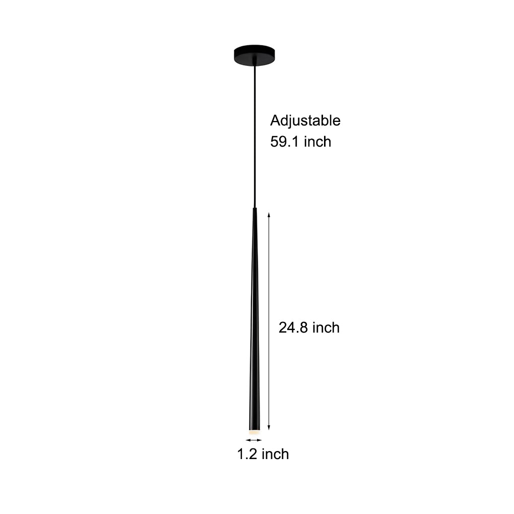 Slim Black Pendant Light dimensions showing its 59.1 inch adjustable cable and 24.8 inch tube.