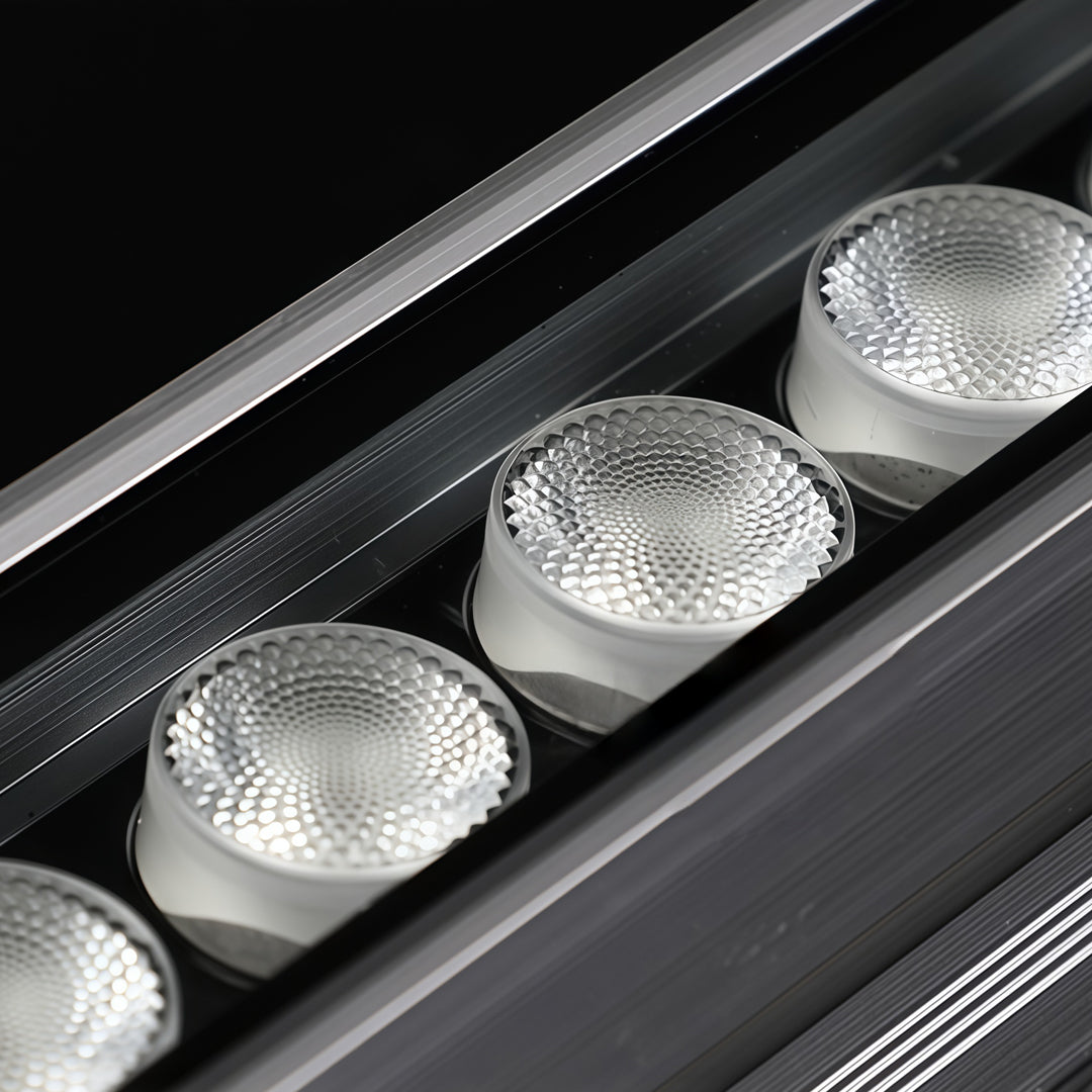 Slim exterior LED flood lights with modern architectural styling and integrated LED optics.