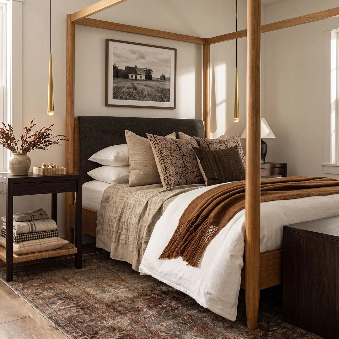 Slim gold cone pendant lights installed on both sides of a bed in a cozy modern bedroom.