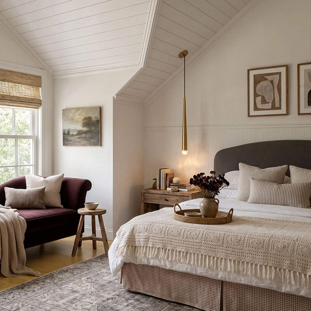 Slim gold cone pendant light installed beside a bed in a bright bedroom with a vaulted ceiling.