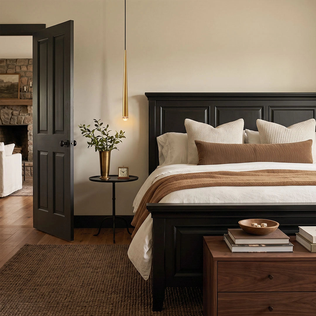 Slim gold cone pendant lights suspended beside a dark wood bed in a warm neutral bedroom.