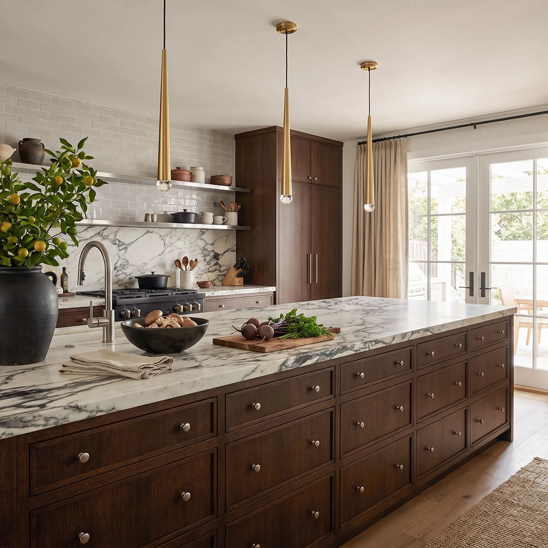 Slim gold cone pendant lights hanging above a long kitchen island with rich wood cabinetry and marble countertops.