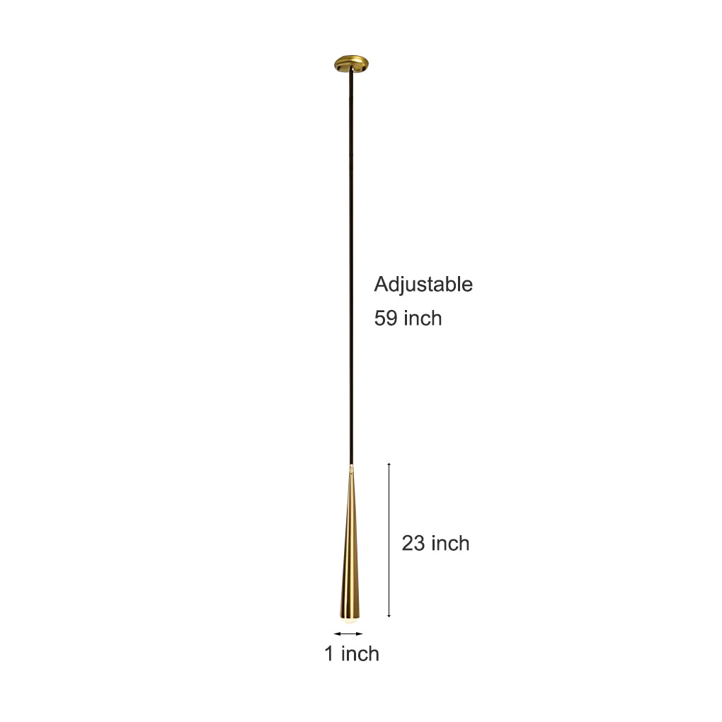 Slim Gold Cone Pendant dimensions showing its 59 inch adjustable cord and 23 inch tube body.