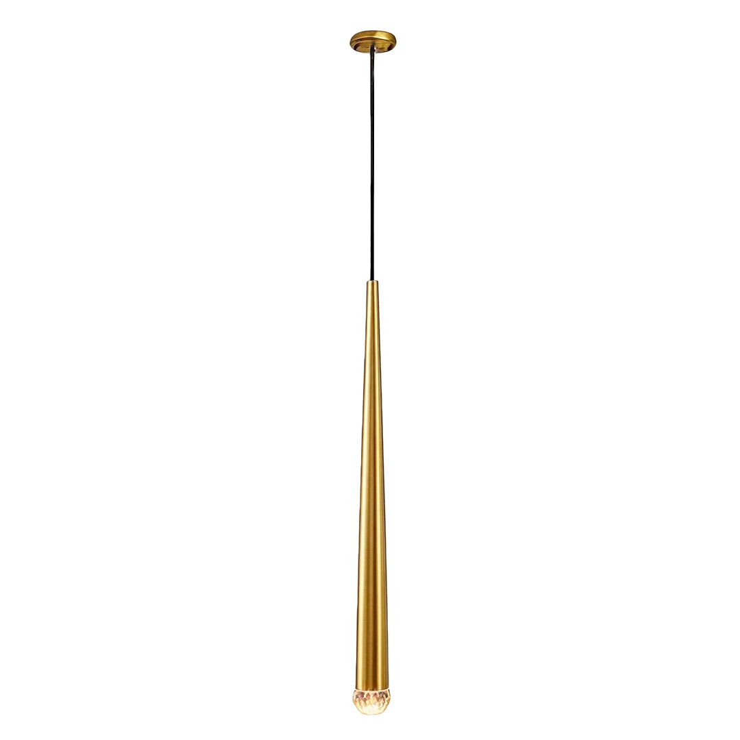 Slim gold cone pendant light in a white background product view with a long tapered body and hanging cord.