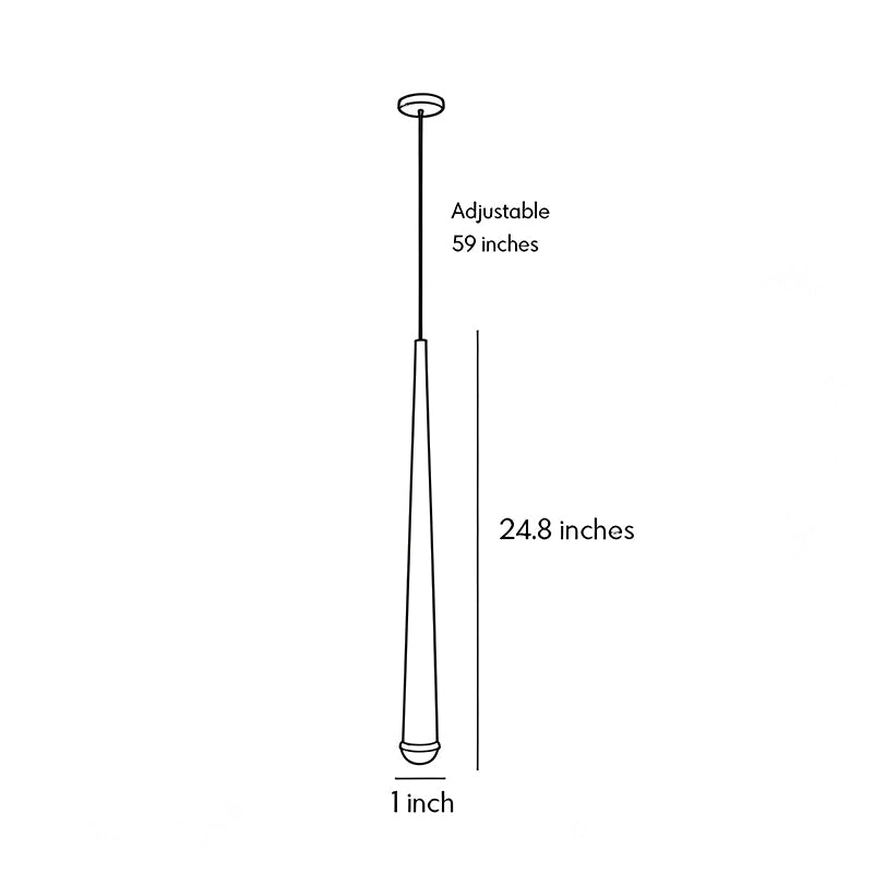 Slim gold cone pendant light dimension diagram showing a 24.8-inch body height and 1-inch width.