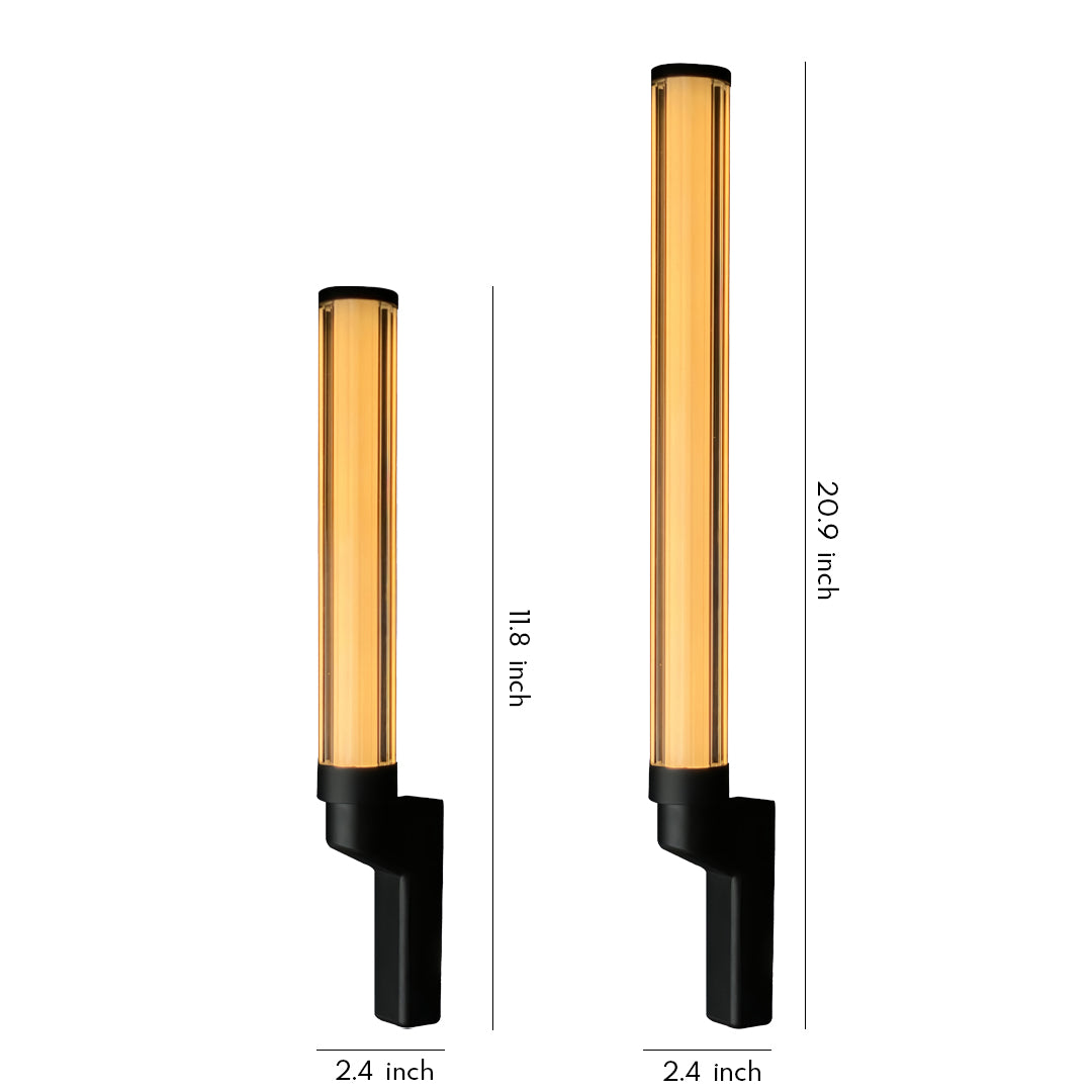 Slim gold tube wall light with black base, styled as outdoor sconces modern against a clean background.
