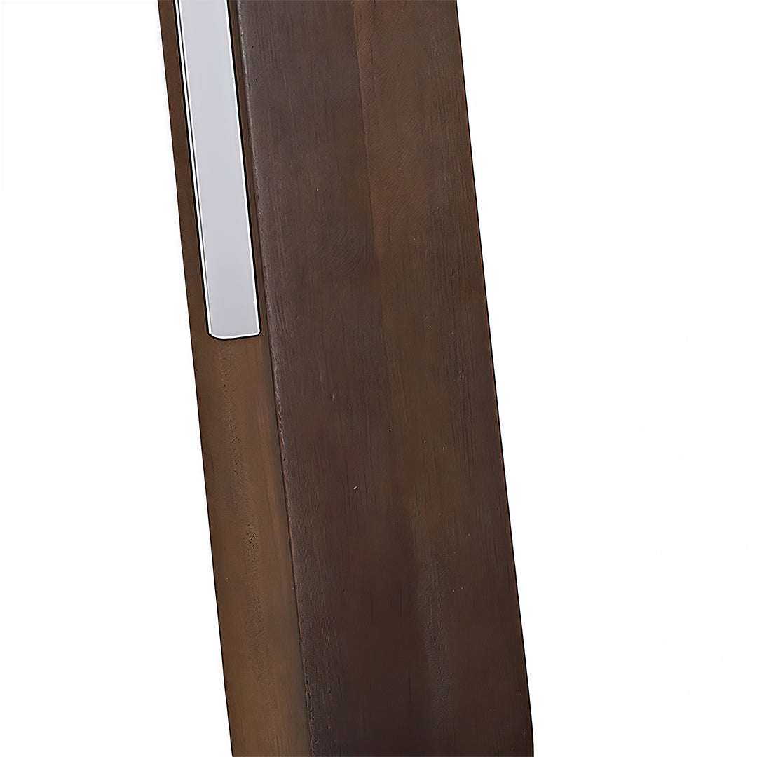 Japanese wall light with a dark wood finish mounted beside a doorway and small cabinet in a hallway or entry area. 