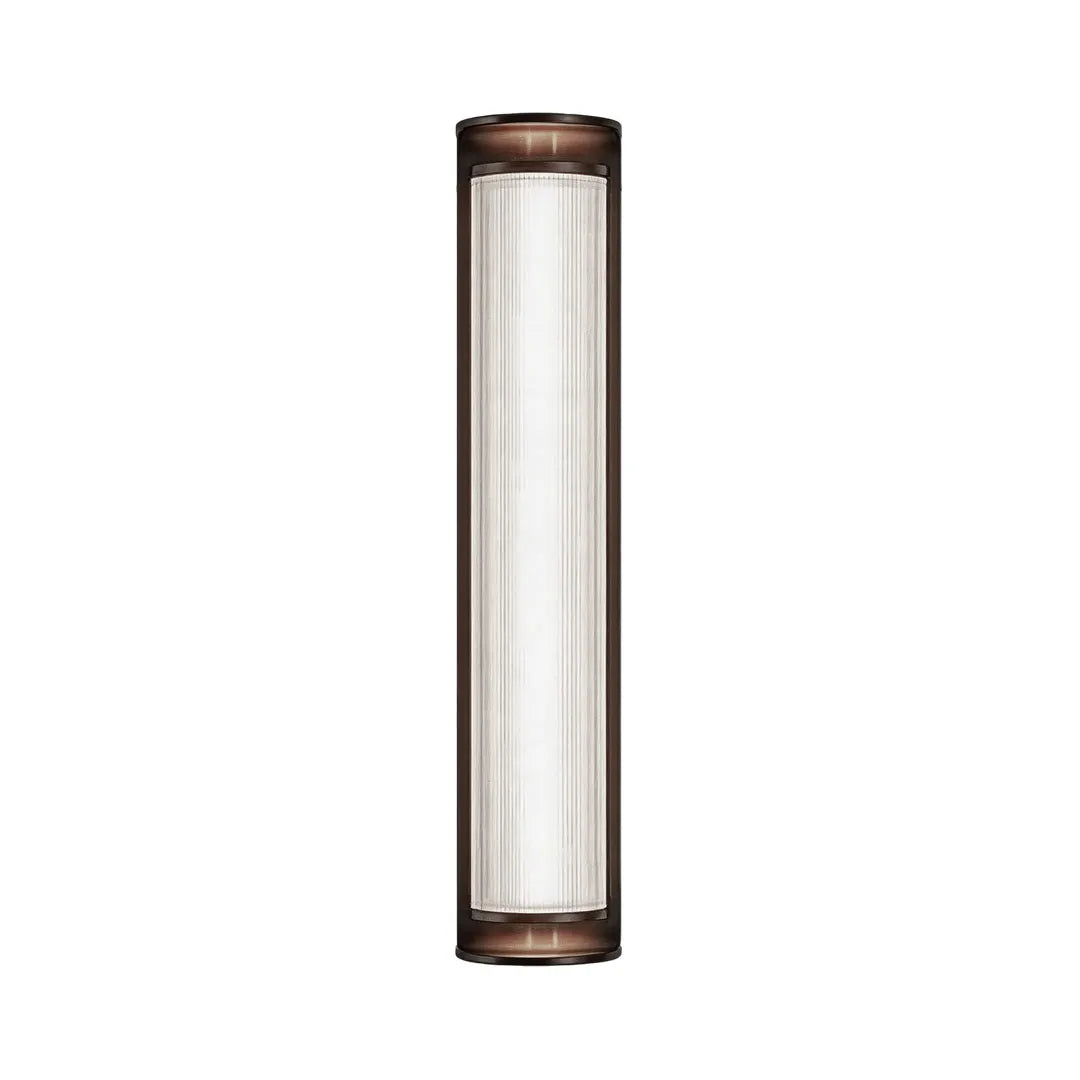 Slim LED outdoor wall sconces with bronze frame and ribbed frosted diffuser.