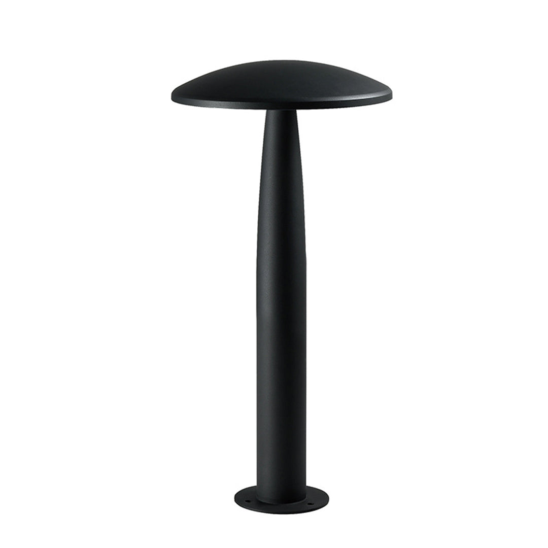 Slim black outdoor bollard light featuring a mushroom top, ideal for garden pathways.