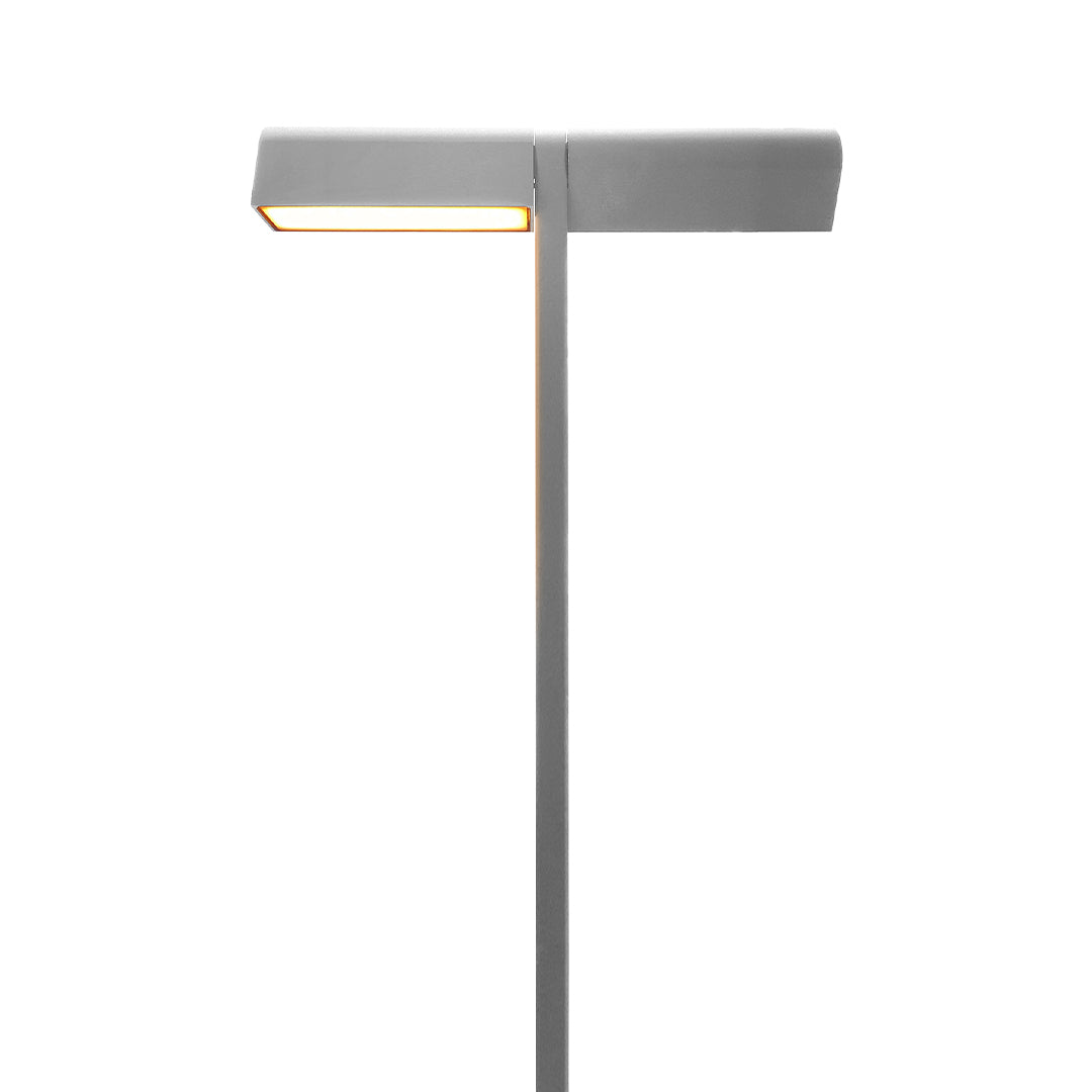Tall slim post light with extended rectangular head, suitable for modern outdoor led pathway lighting.