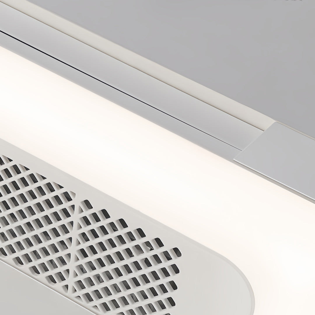 Low profile bladeless ceiling fan with light, side view showcasing slim profile and modern design