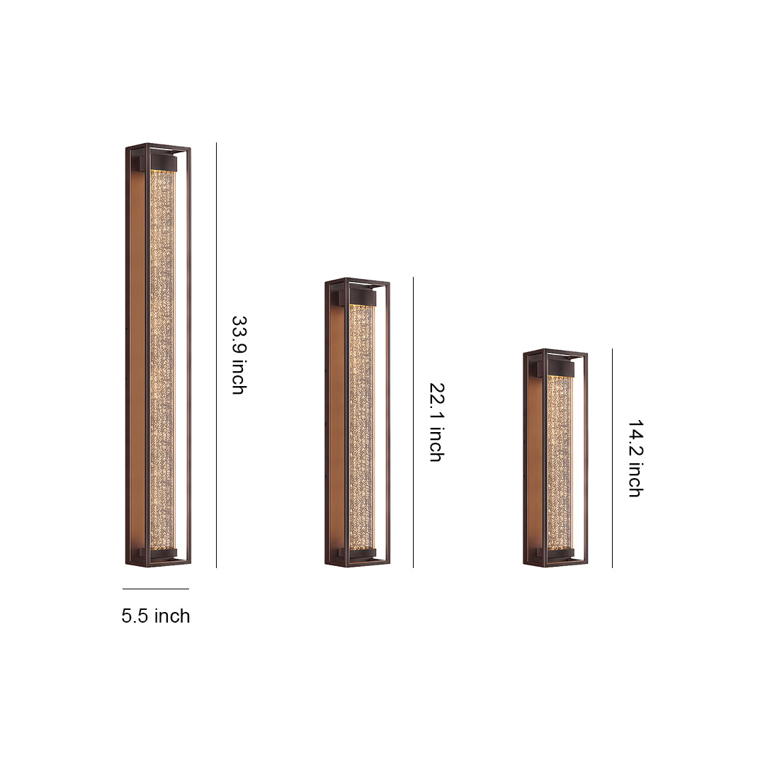 Outdoor sconces in black with a slim rectangular design, including detailed dimensions for installation.