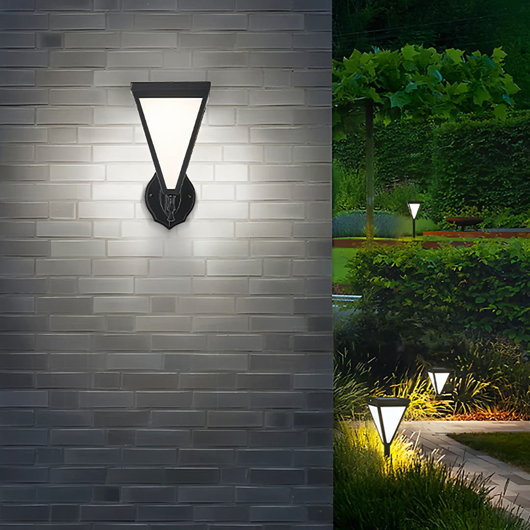 Outdoor solar lights wall mounted in a modern slim triangular form.