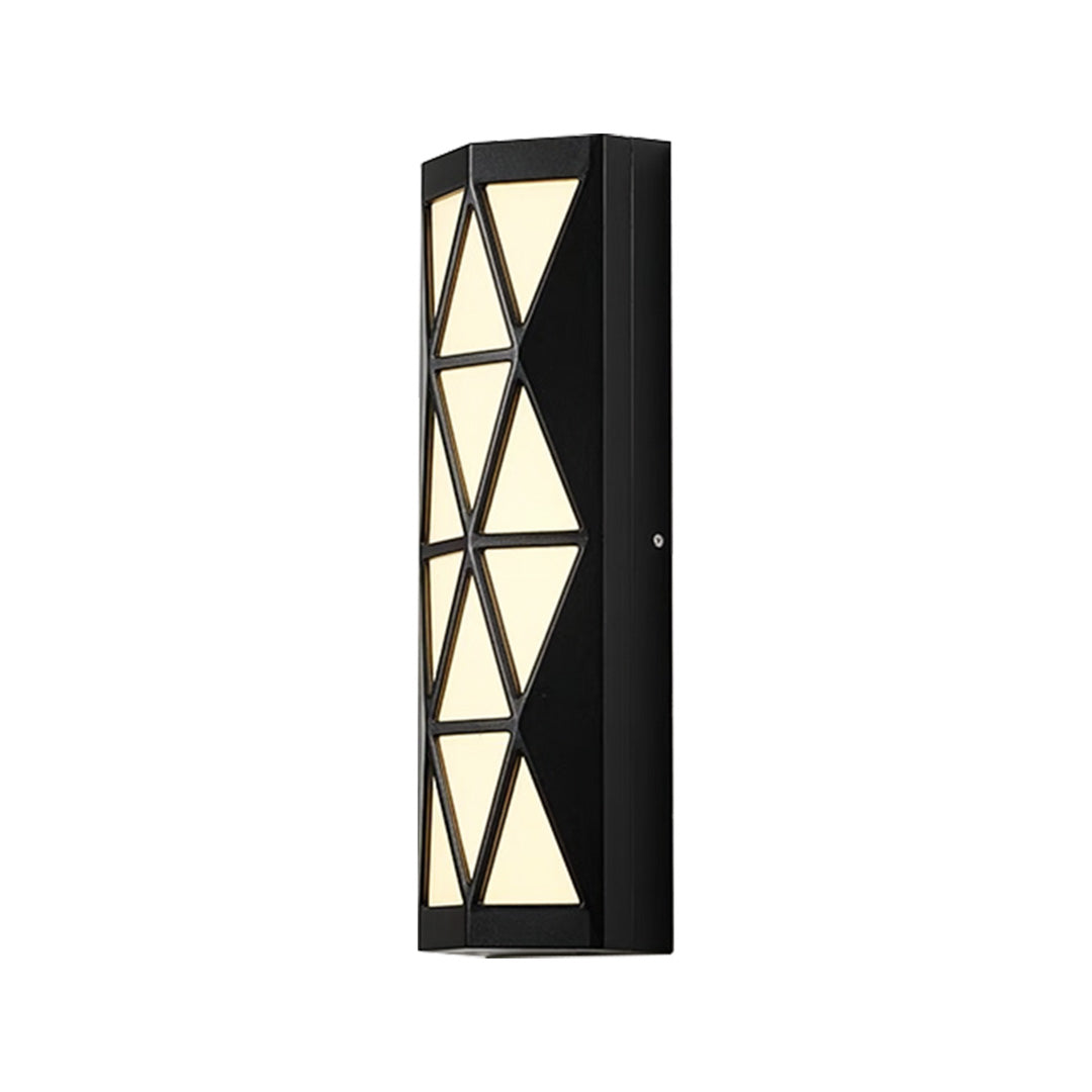 Slim vertical outdoor wall sconces lighting design with angular geometric patterns and soft ambient glow.