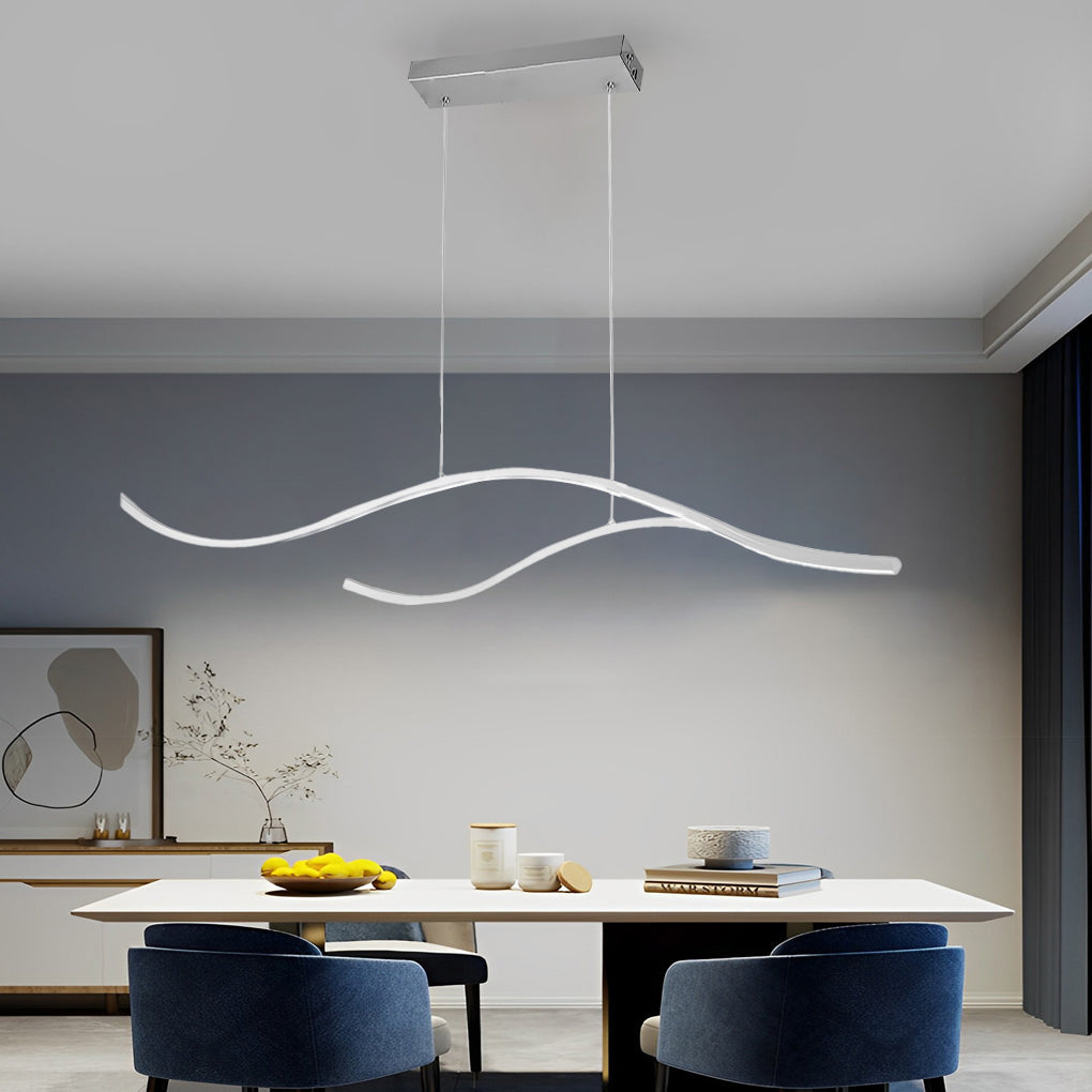 Slim wave-shaped LED pendant light over a contemporary dining table.
