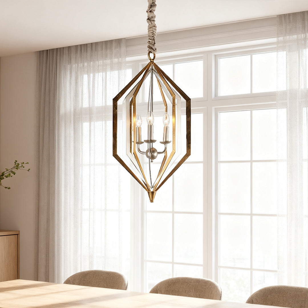 Small caged brown pendant lights adding a textural element above a long light wood kitchen island in a white minimalist setting.