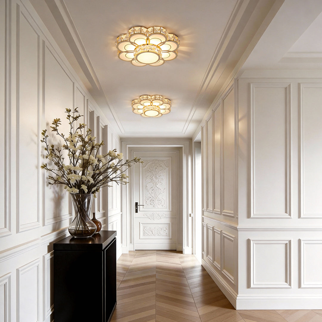 Small crystal flush mount ceiling light installed in a bright modern hallway.