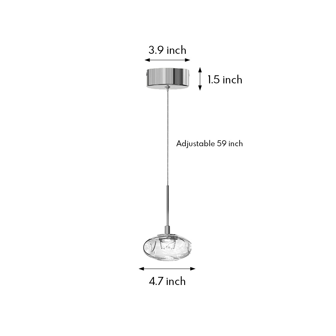 Technical diagram of small glass pendant lights showing detailed measurements and oval-shaped crystal design specifications