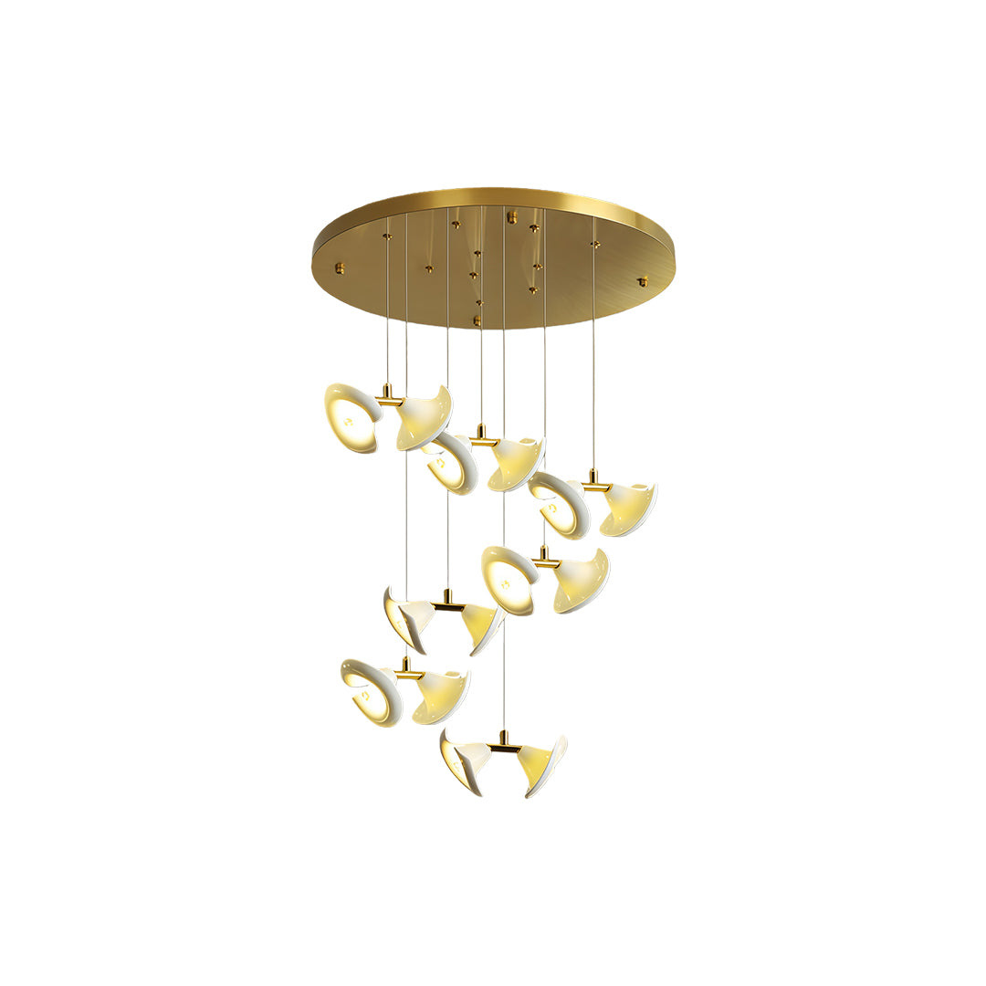 Small round modern brass ceramic chandeliers with spiral pendant lights.