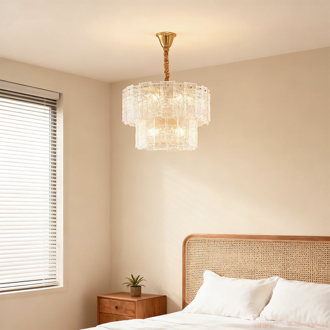 Small modern chandeliers illuminating bright minimalist bedroom with white bedding and blinds