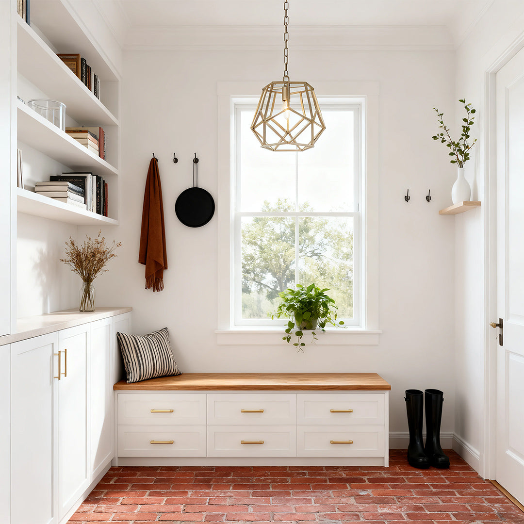Small gold hanging pendant light accenting a bright mudroom or entry bench area with white built-in storage and brick floor.