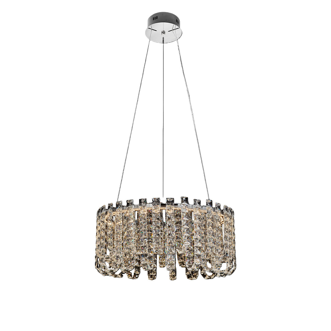 Small round crystal chandelier modern with gold frame and faceted glass.