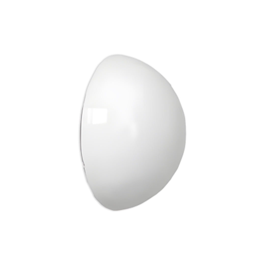 Small round outdoor lighting wall mounted fixture with smooth white finish on plain background.