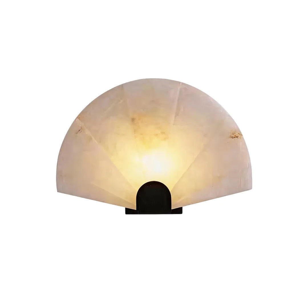 Small scalloped wall sconce product image showing a fan-shaped shade with warm illumination.