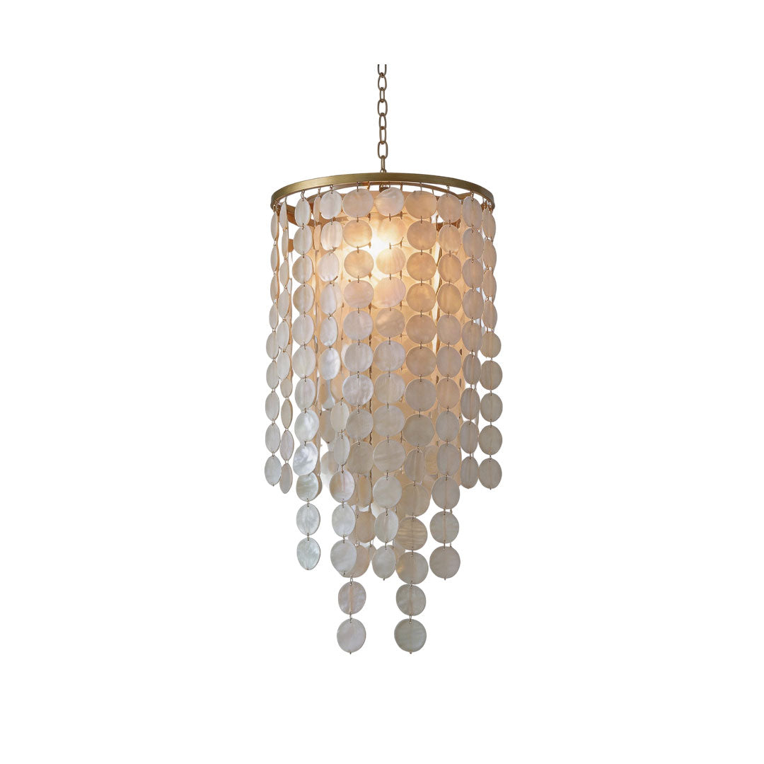 Small staircase chandelier with elegant crystal-style discs and compact vertical pendant shape.
