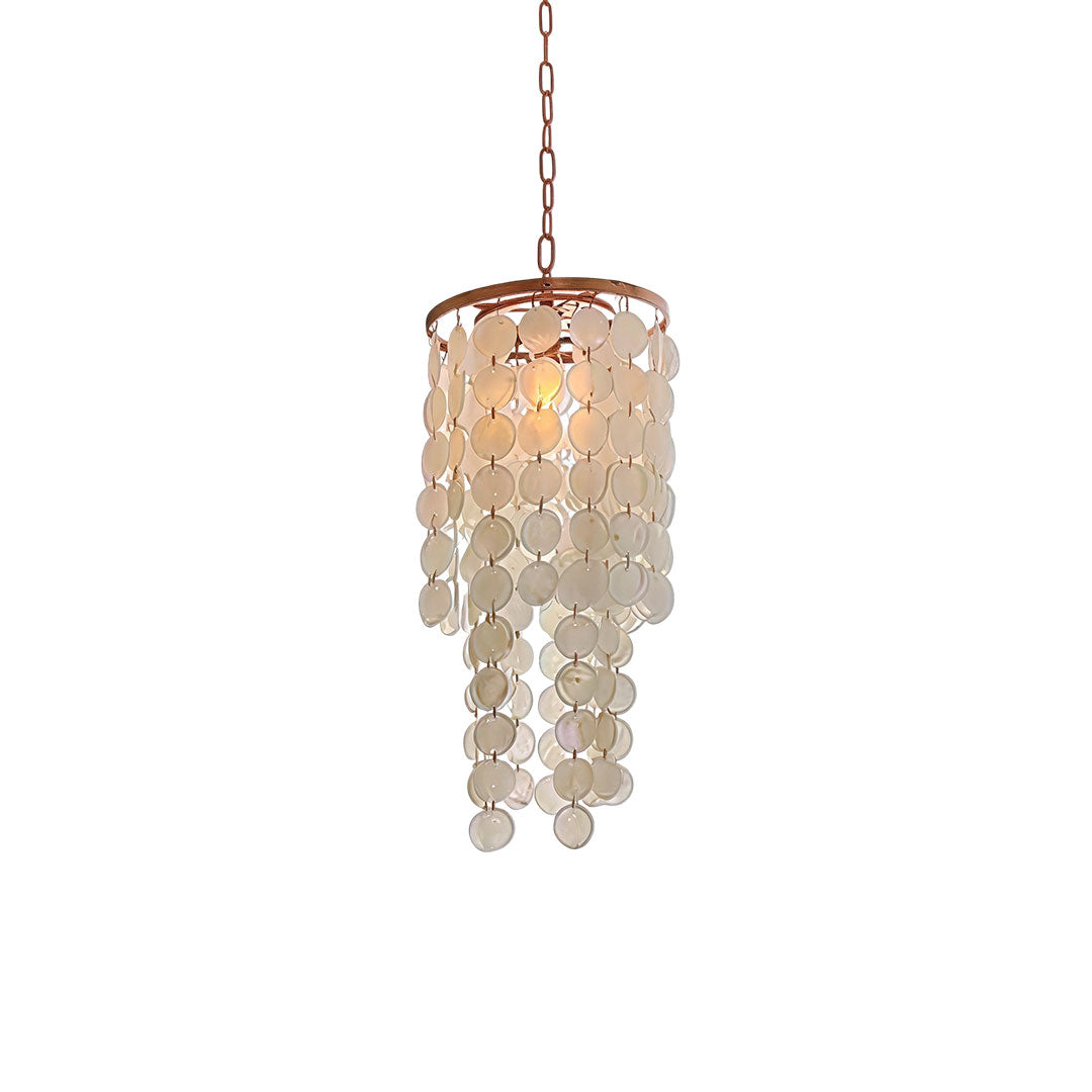 Small staircase chandelier with cascading glass discs and a gold metal frame on white background.