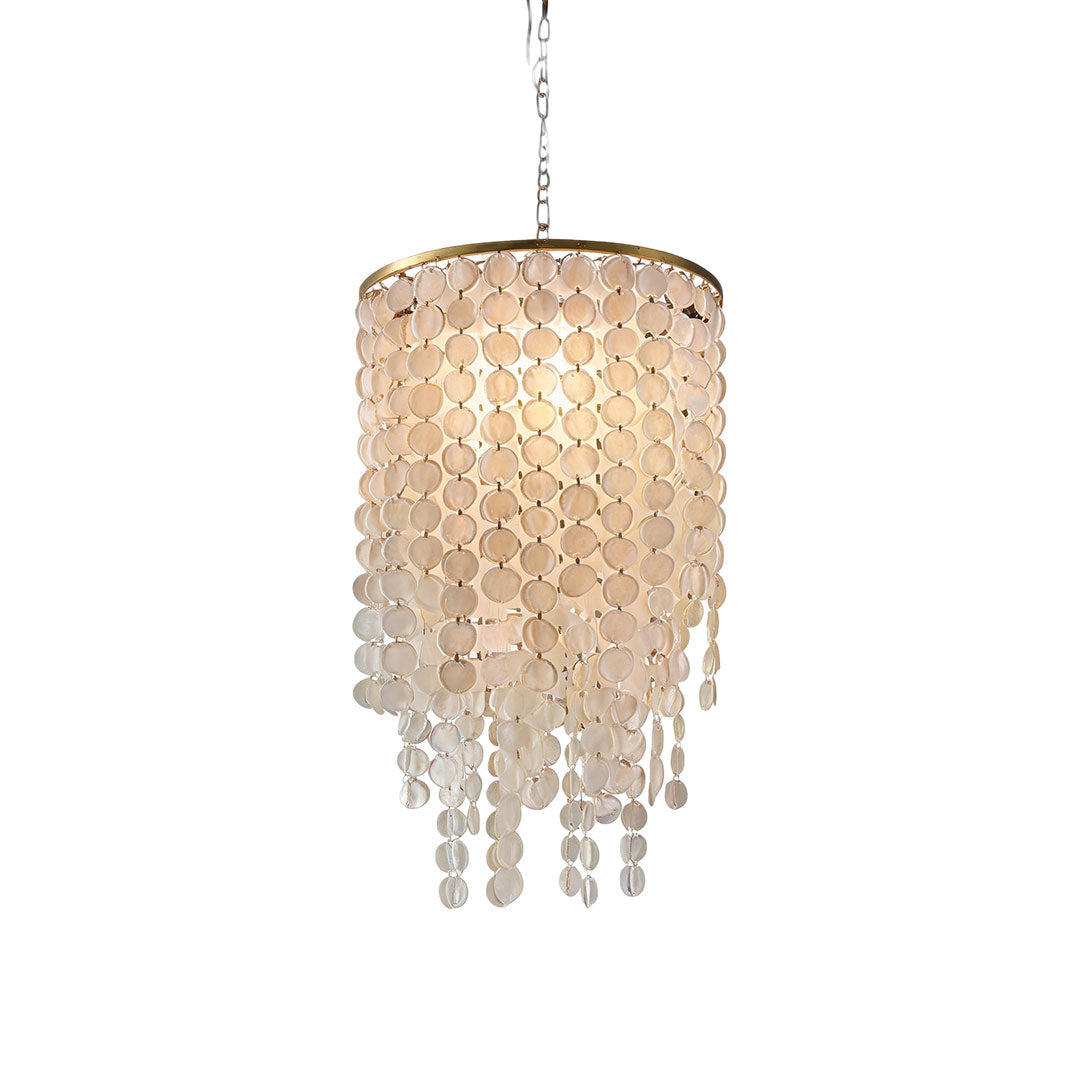 Small staircase chandelier featuring a modern cylindrical silhouette with layered glass accents.