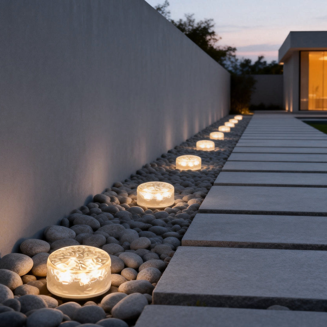 Small step lights arranged along modern walkway edge creating soft landscape lighting effect.