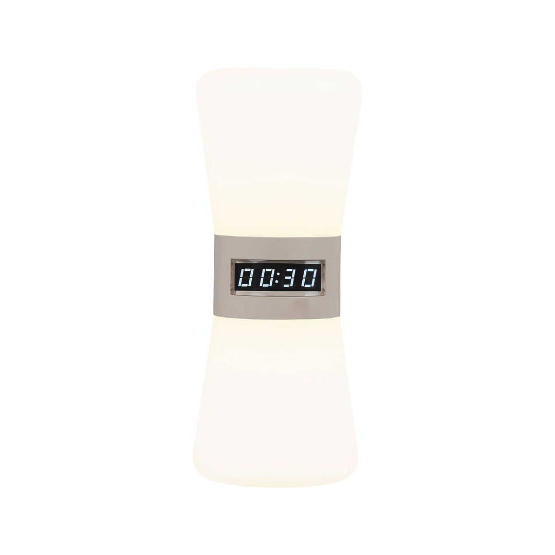 Small white USB rechargeable table lamp featuring sleek modern design and digital time display