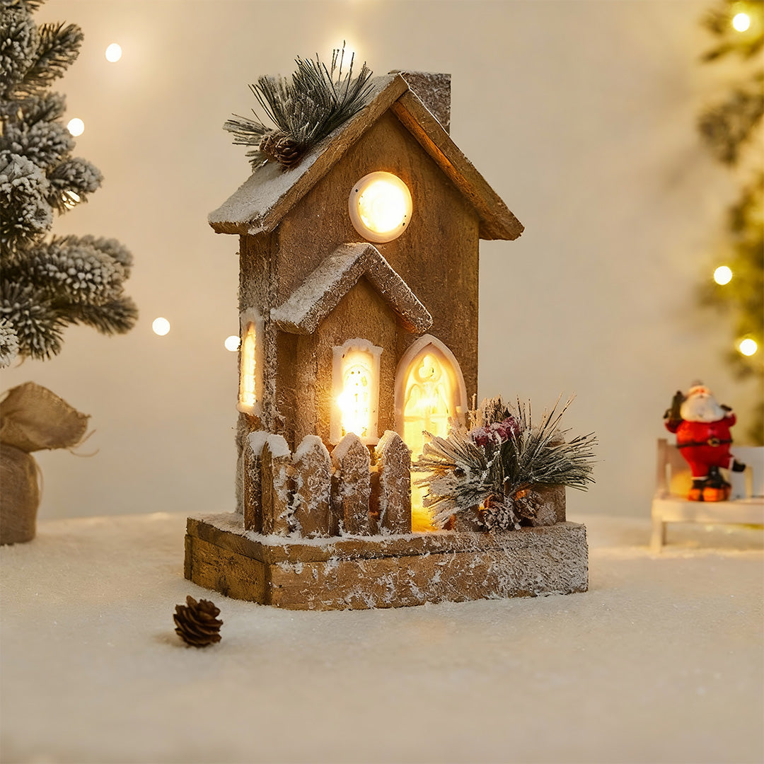 Small wooden cabin with a fence detail, a cozy addition to light up wooden christmas houses village scenes.
