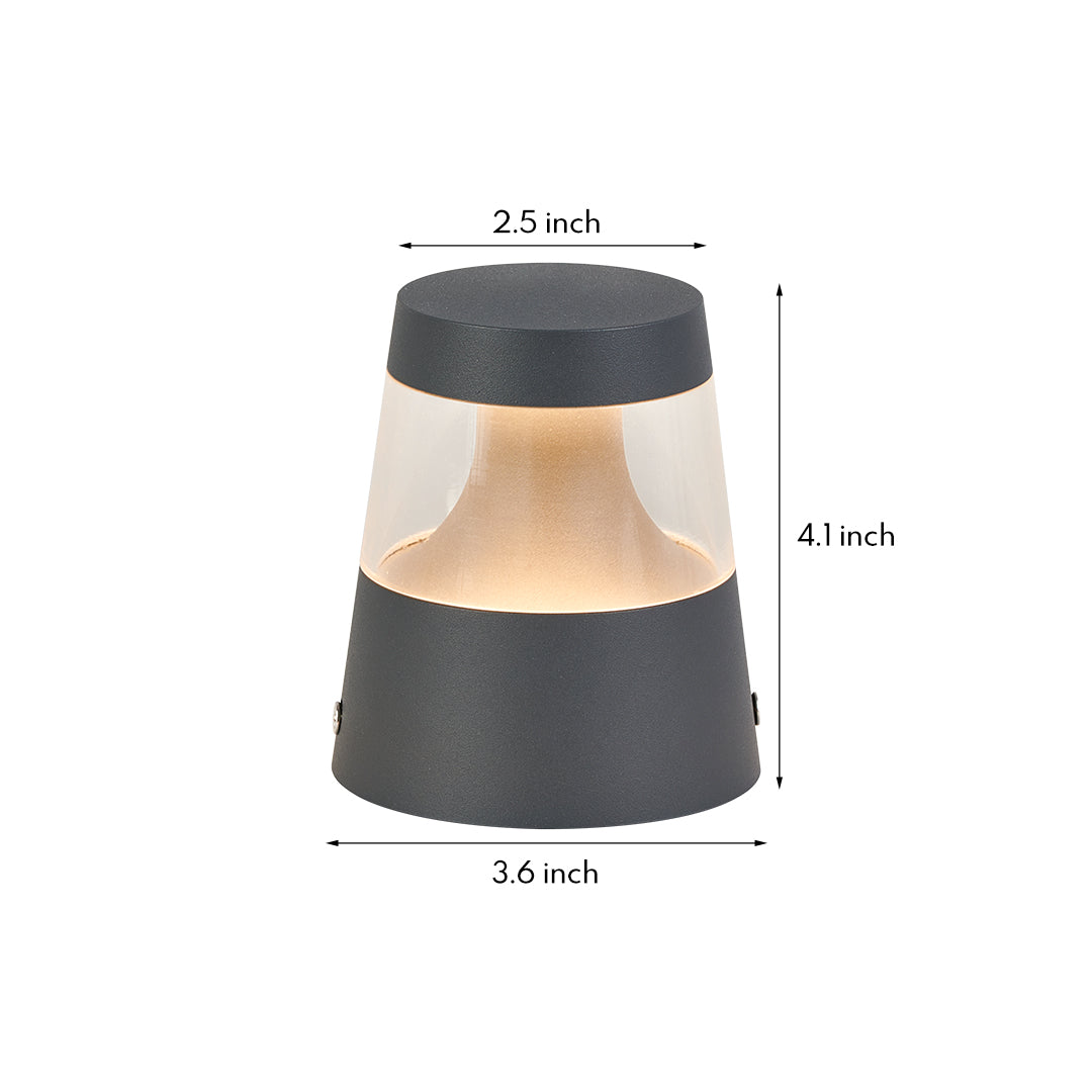 Technical specification drawing of compact LED path light showing dimensions and warm light emission band design