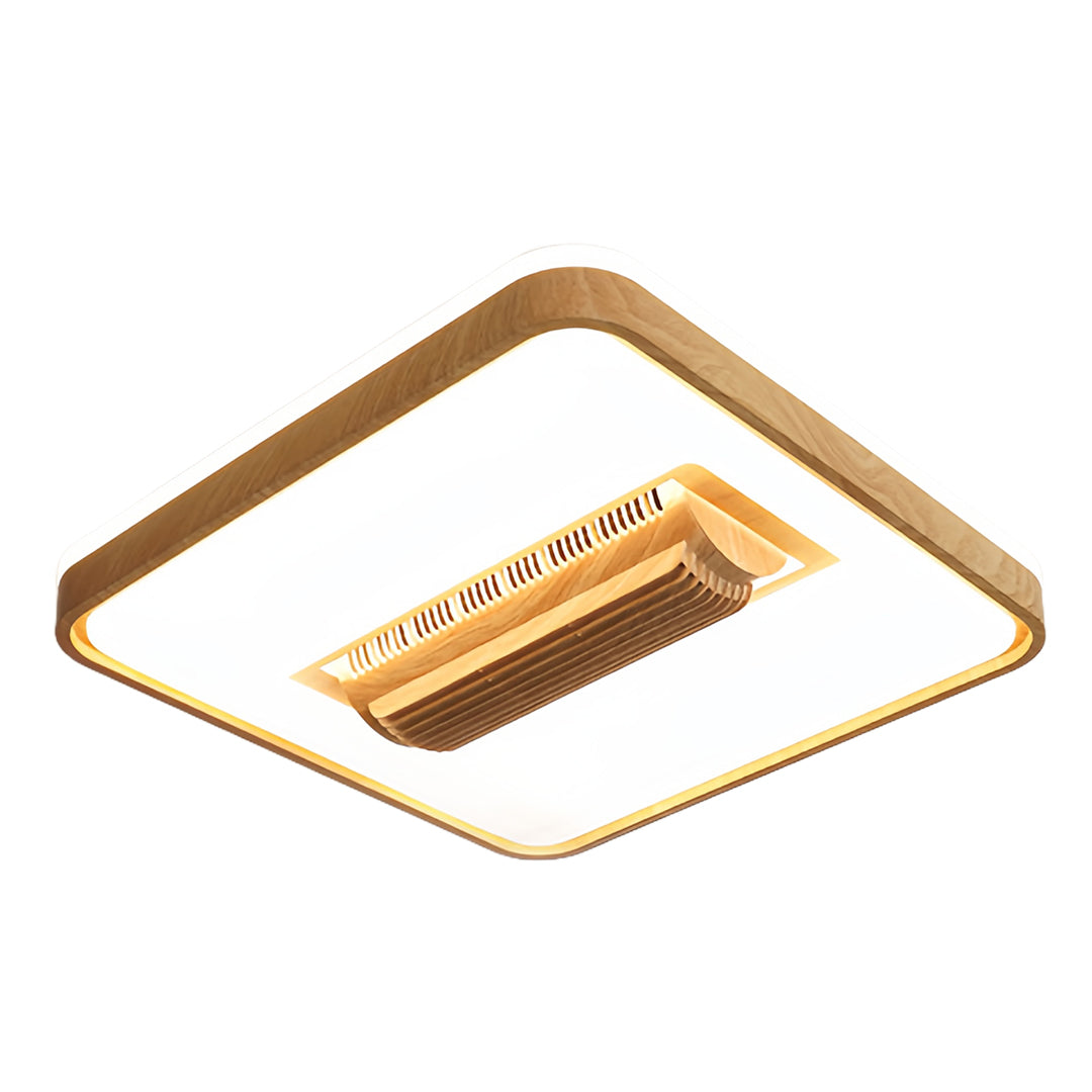 Smart bladeless ceiling fan with LED light featuring angular design and integrated illumination for contemporary homes