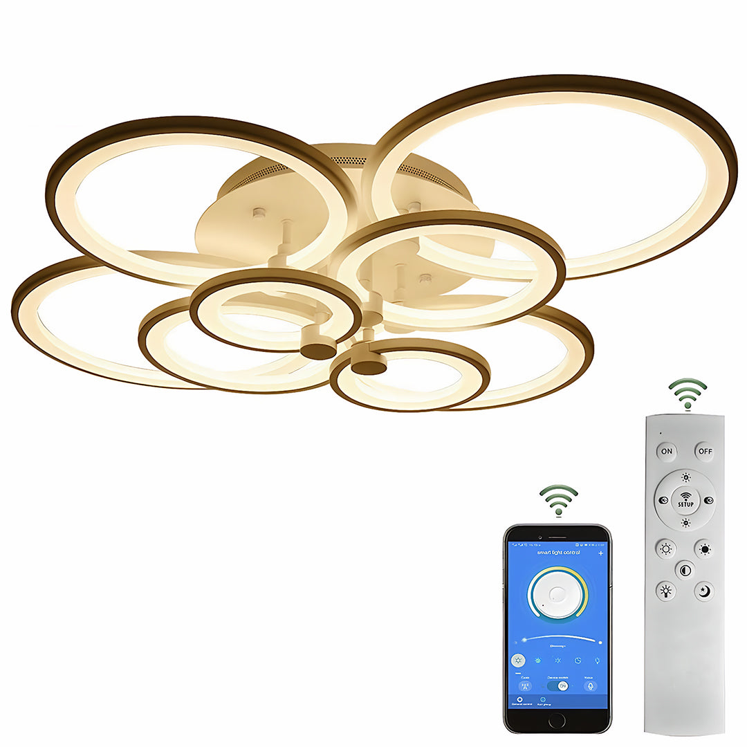 Smart controlled LED multi ring ceiling lights shown with remote and mobile app interface.