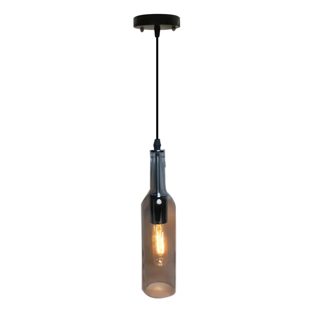 Smoke gray wine bottle pendant light with a tinted glass bottle shade and warm interior glow.