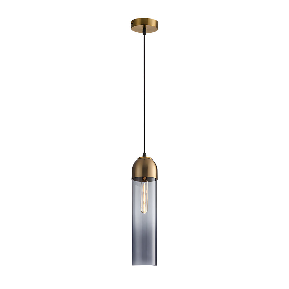 The smoke grey gradient glass Gold Frosted Cylinder Pendant light with a vintage filament bulb.