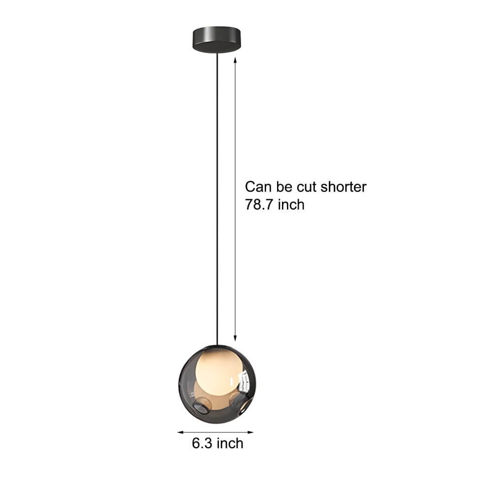 Smoked glass pendant light size chart showing a 6.3 inch orb and 78.7 inch adjustable cable.
