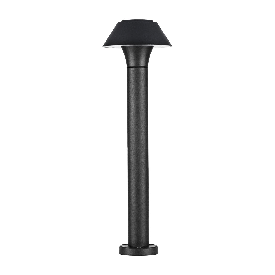 Sleek black mushroom-style bollard fixture with smooth cylindrical design and umbrella top