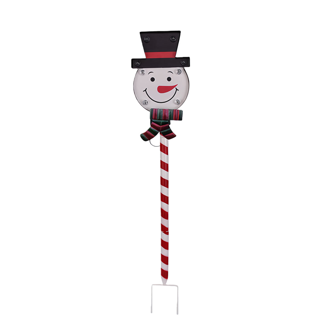 Snowman-themed ground stake for Christmas lights with striped pole design and cheerful winter styling.