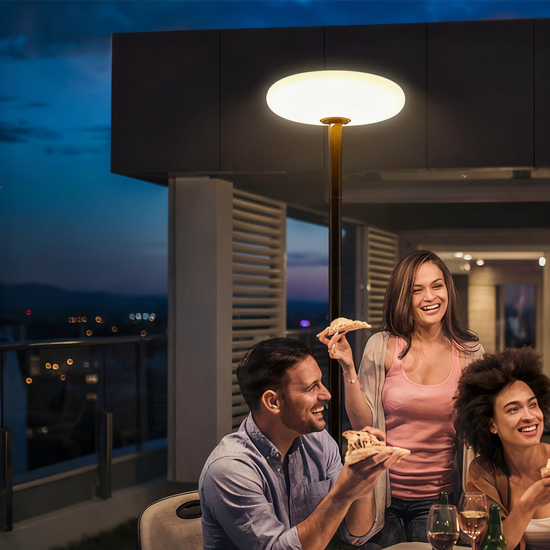 Outdoor patio floor lamp in a social setting, ambient lighting for evening gatherings on patios