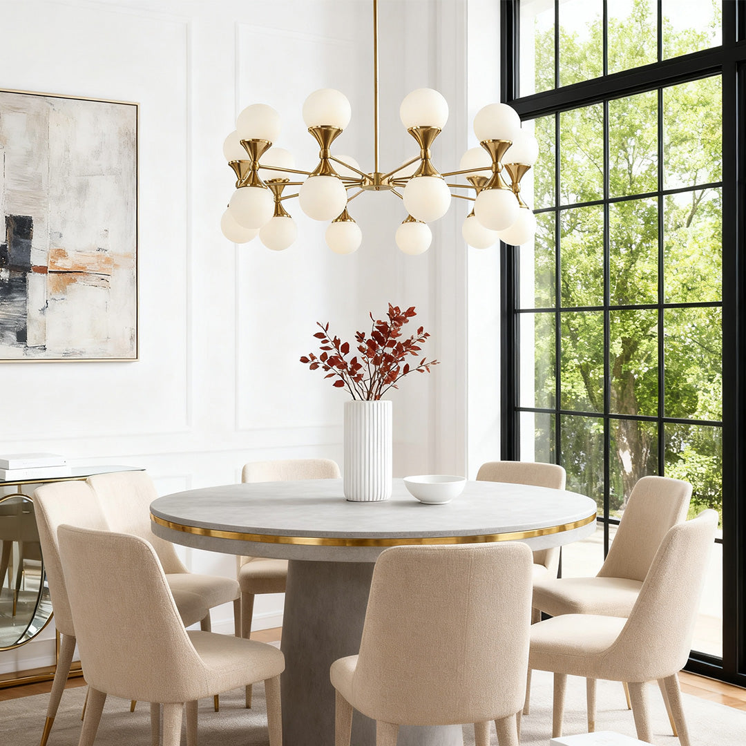 Bubble glass chandeliers providing soft, diffuse light in a formal dining space, complementing the dark wood furniture and tall ceiling.
