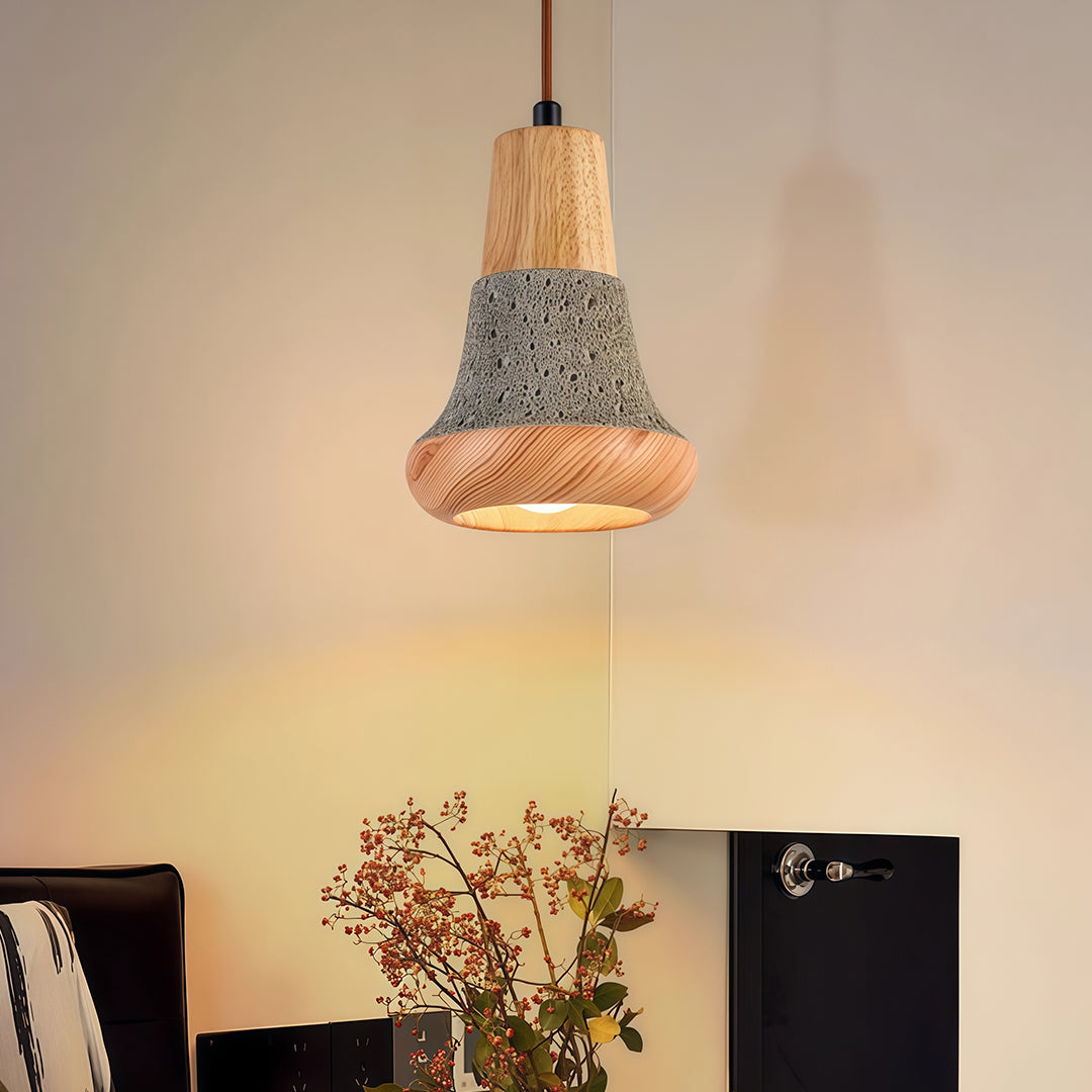Wood pendant lighting with a natural wood base and soft light, ideal for both rustic and modern home interiors.