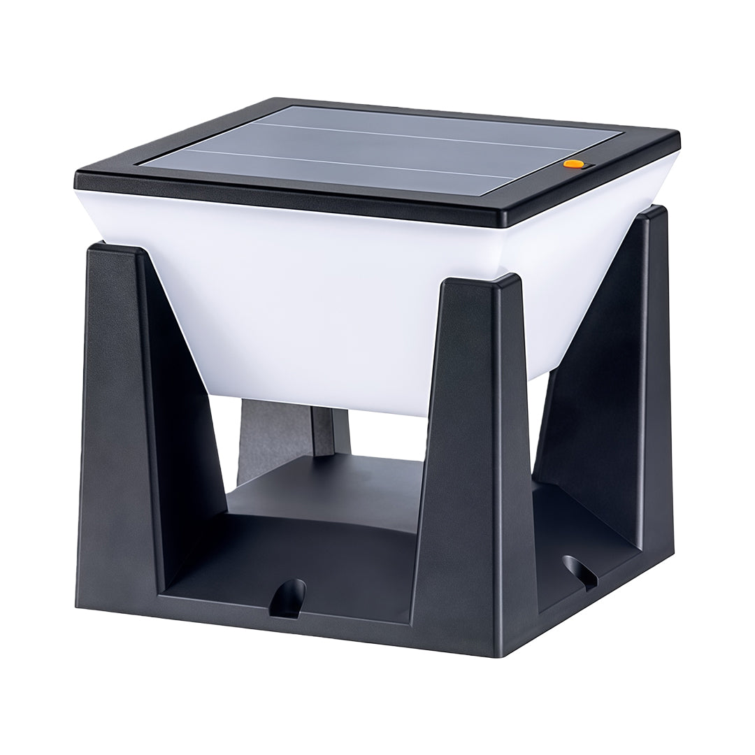 White-background photo of the solar bollard light highlighting its white diffuser and integrated solar panel.