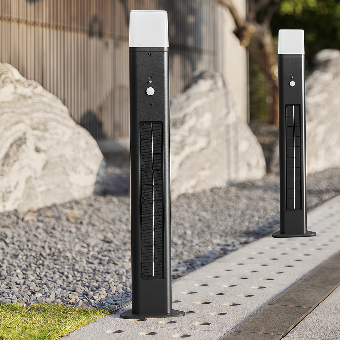 Solar bollard lighting for path with motion sensor provides automatic illumination, improved safety, and energy-saving outdoor performance.