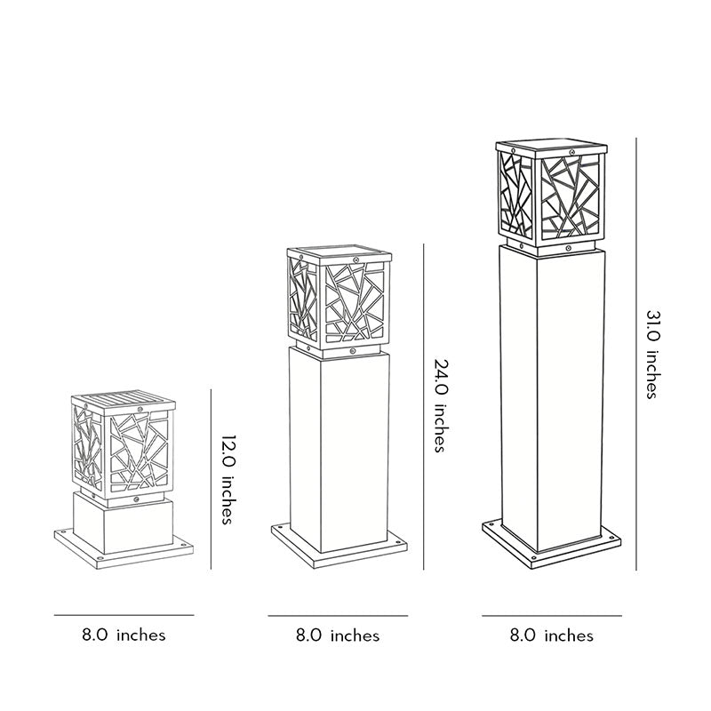 Technical diagram showing dimensions and structure of solar bollard path lights models.